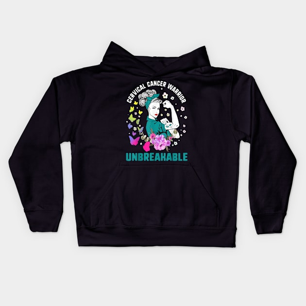 Style Cancer Cervical Cancer Awareness Warrior Teal Ribbon Strong Woman Kids Hoodie by designathome